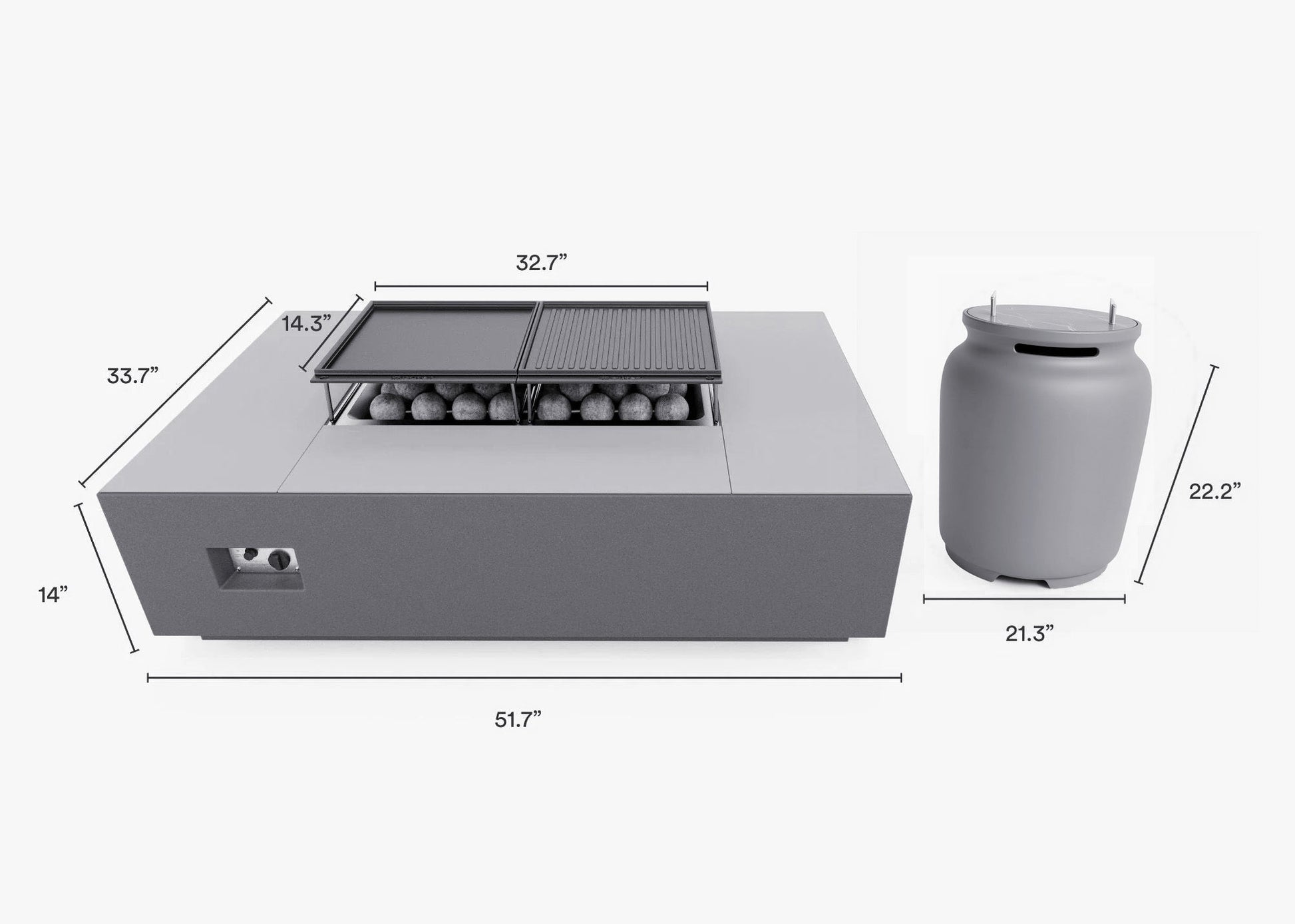 Dimension diagram in inches for the rectangular fire pit table, stainless steel burner pan, griddle plates, ceramic spheres and propane tank cover