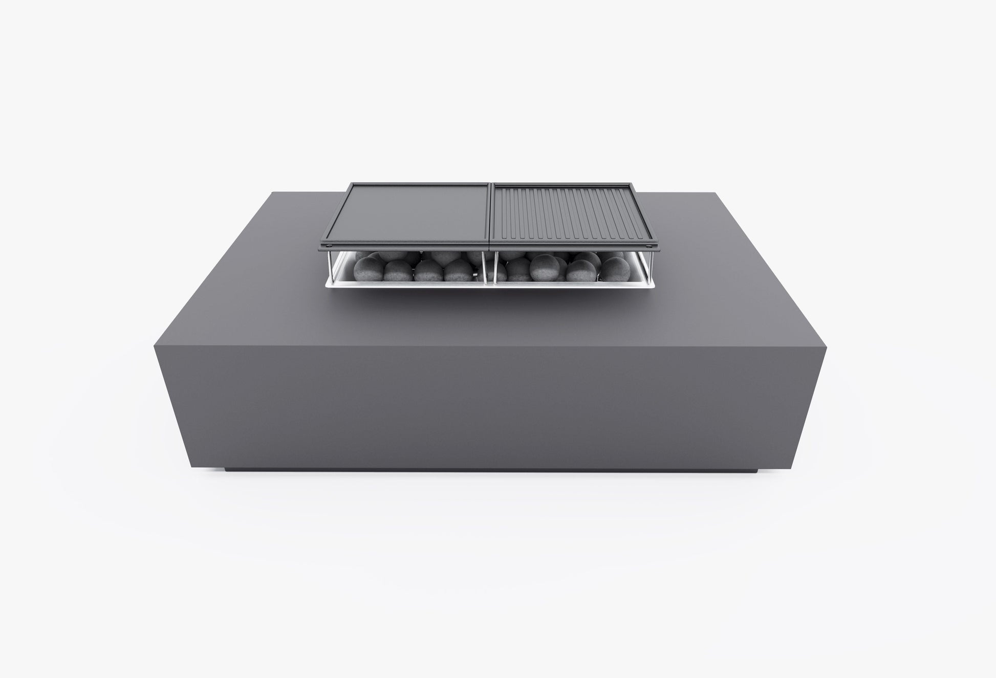Rectangular concrete fire pit table with cast iron griddles fitted over the lit burner
