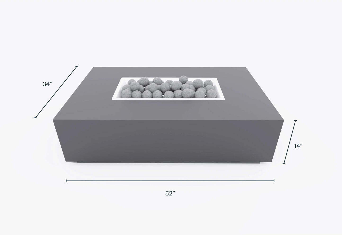 Dimension diagram of the rectangular concrete fire pit table labeled in inches