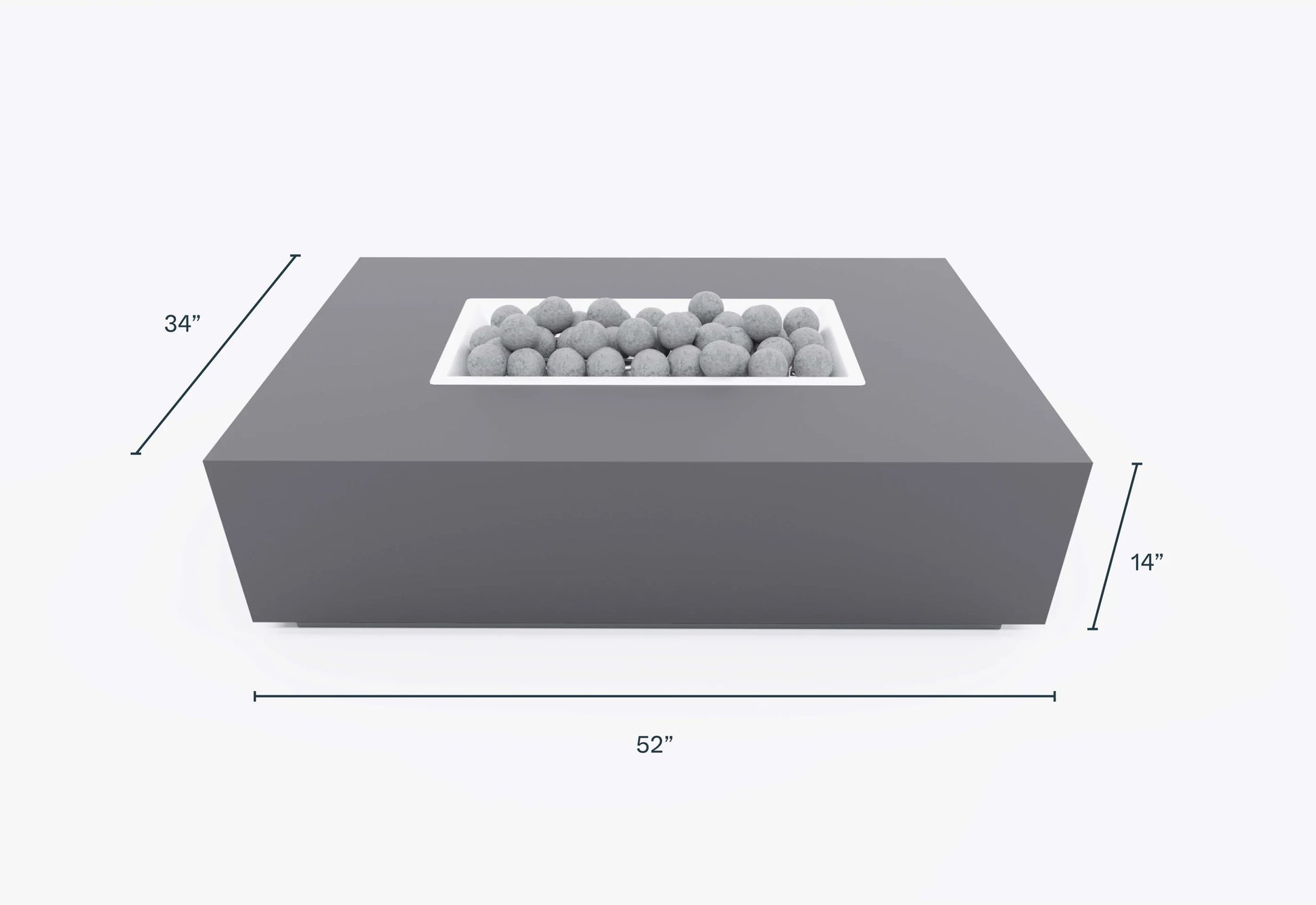 Dimension diagram of the rectangular concrete fire pit table labeled in inches