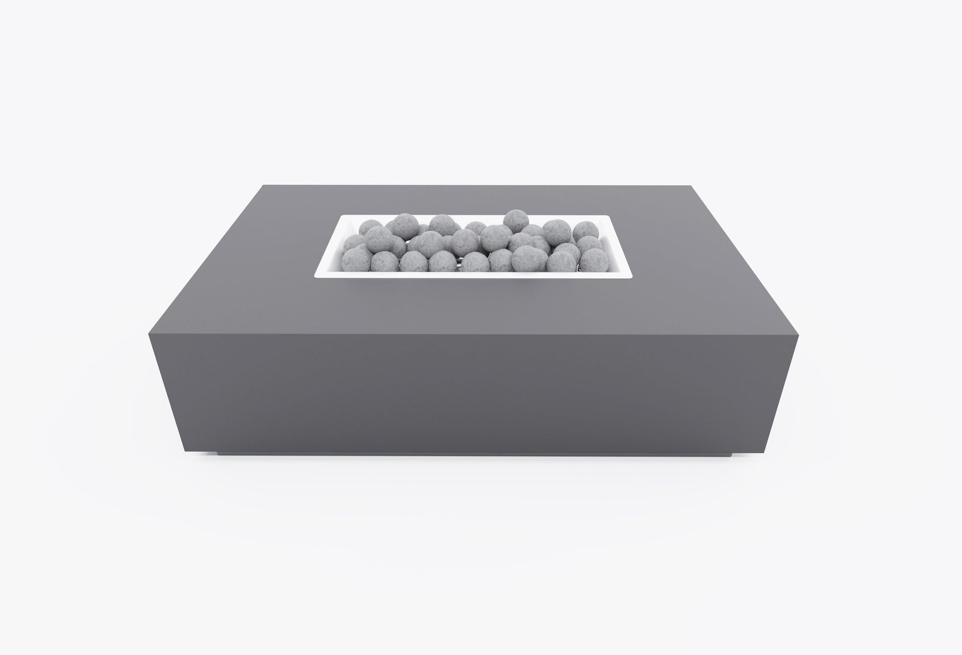 Rectangular concrete fire pit table with lit flame and ceramic spheres, front view