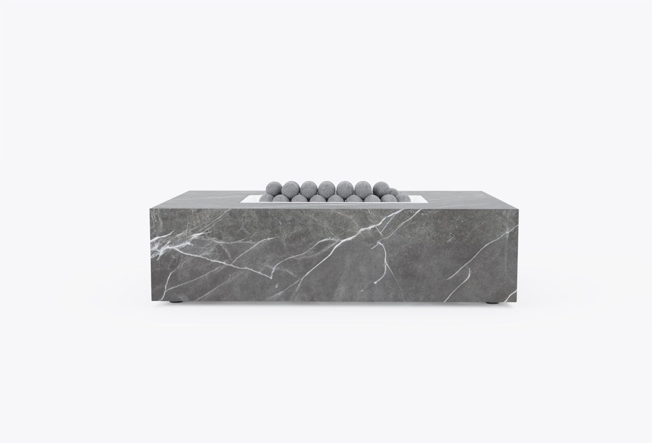 Rectangular OuterStone fire pit table in gray marbled stone with lava rocks, front view