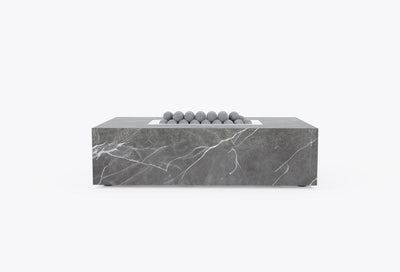 Rectangular OuterStone fire pit table in gray marbled stone with lava rocks, front view