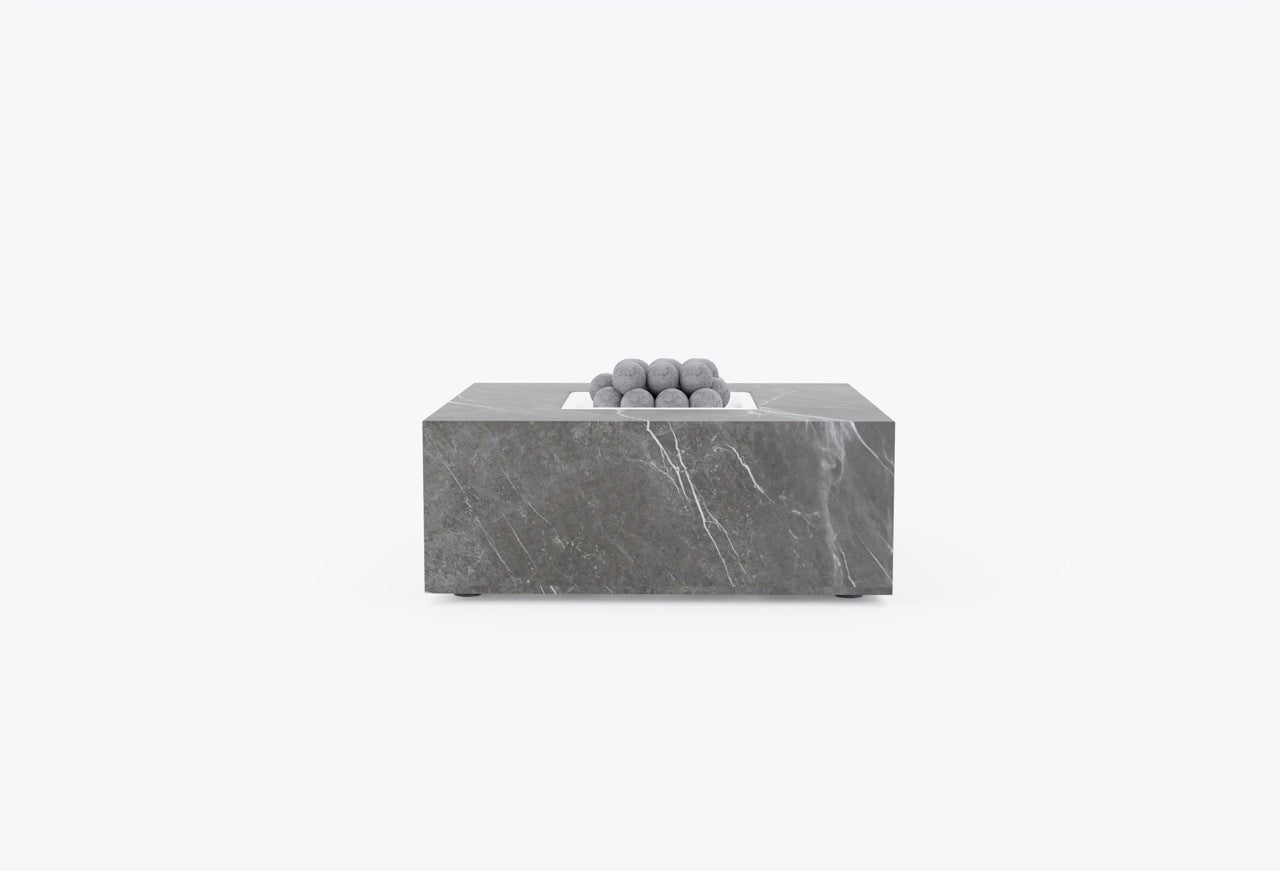 Square OuterStone fire pit table in marbled stone with lava rocks, front view