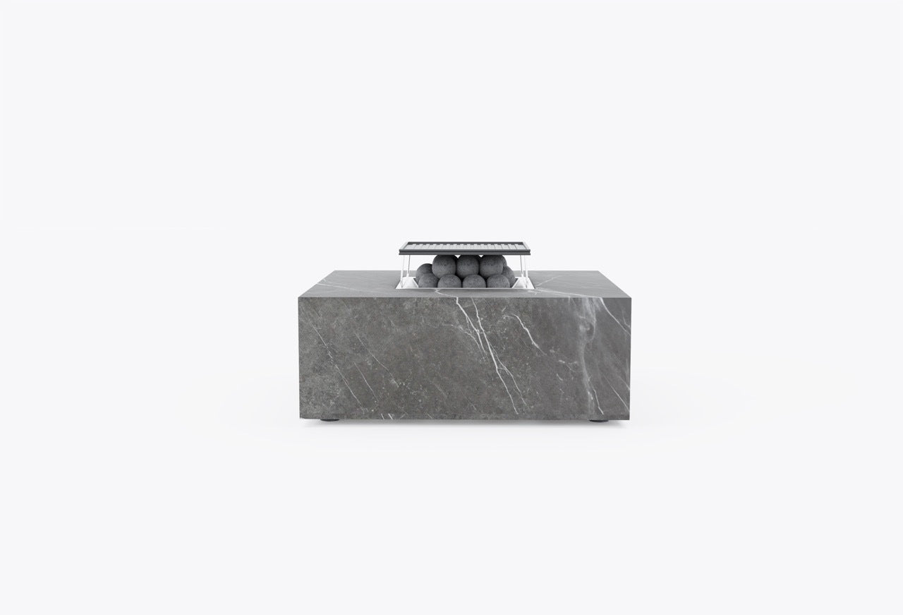 Large square OuterStone fire pit with integrated cooking grate and lava rocks