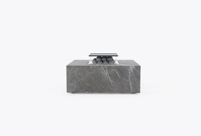 Large square OuterStone fire pit with integrated cooking grate and lava rocks