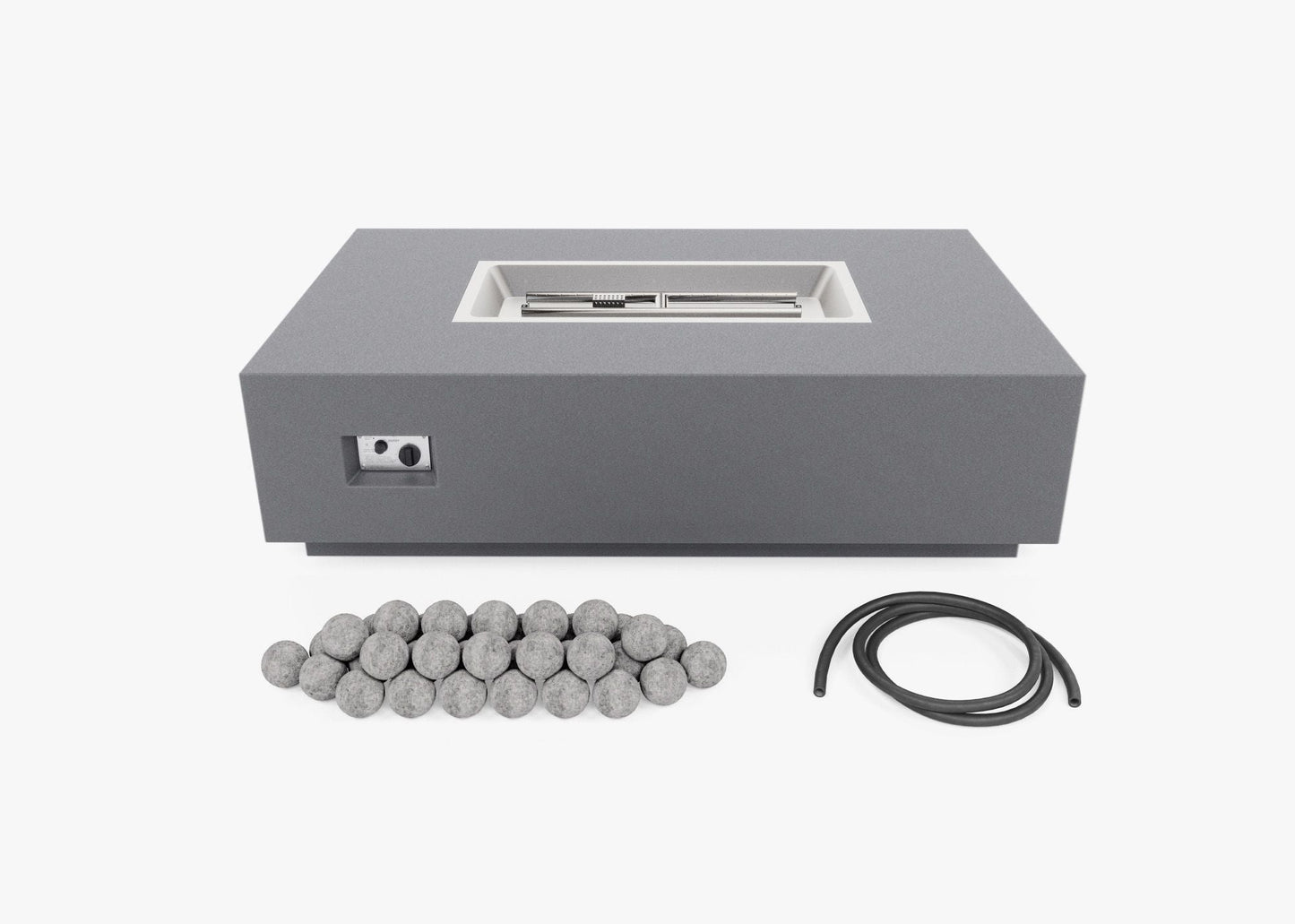 Fire pit table shown with its ceramic spheres and gas hose laid out alongside