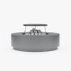 Round concrete fire pit table with cast iron grill grate and lava rocks, front view