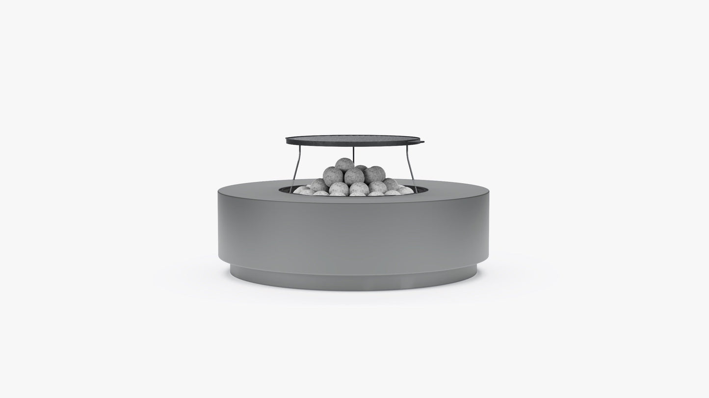 Round concrete fire pit table with cast iron grill grate and lava rocks, front view
