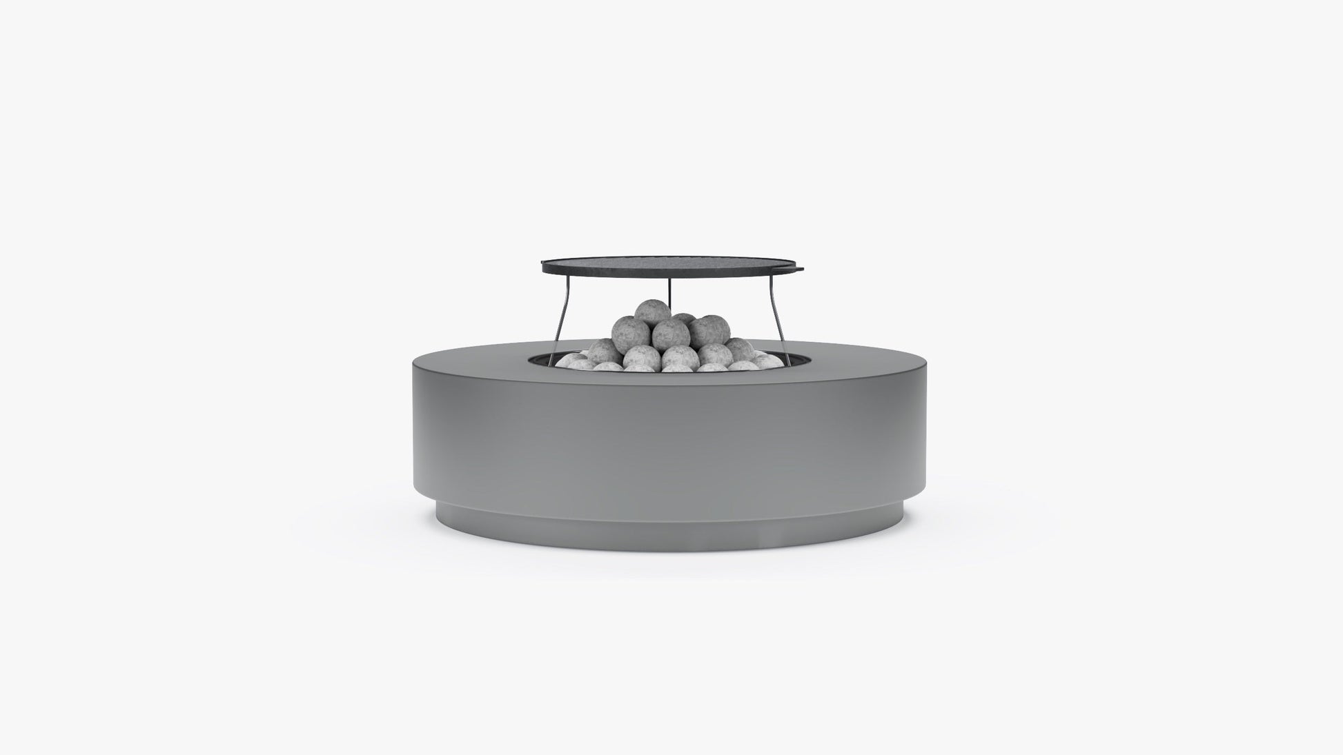 Round concrete fire pit table with cast iron grill grate and lava rocks, front view