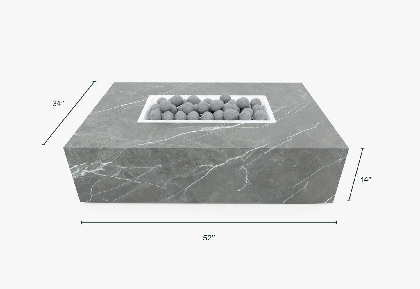 Dimension diagram of the rectangular OuterStone fire pit table labeled in inches