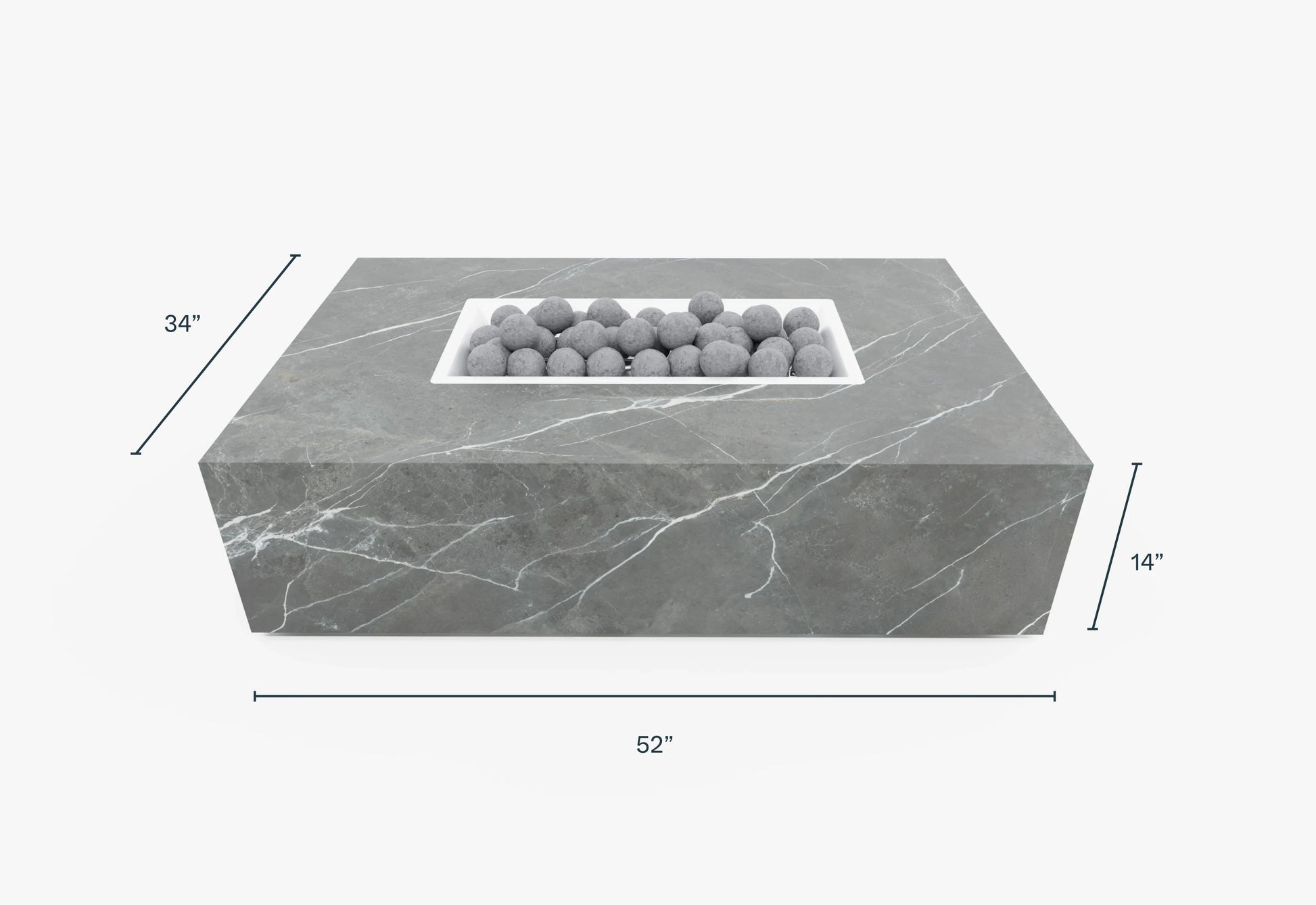 Dimension diagram of the rectangular OuterStone fire pit table labeled in inches