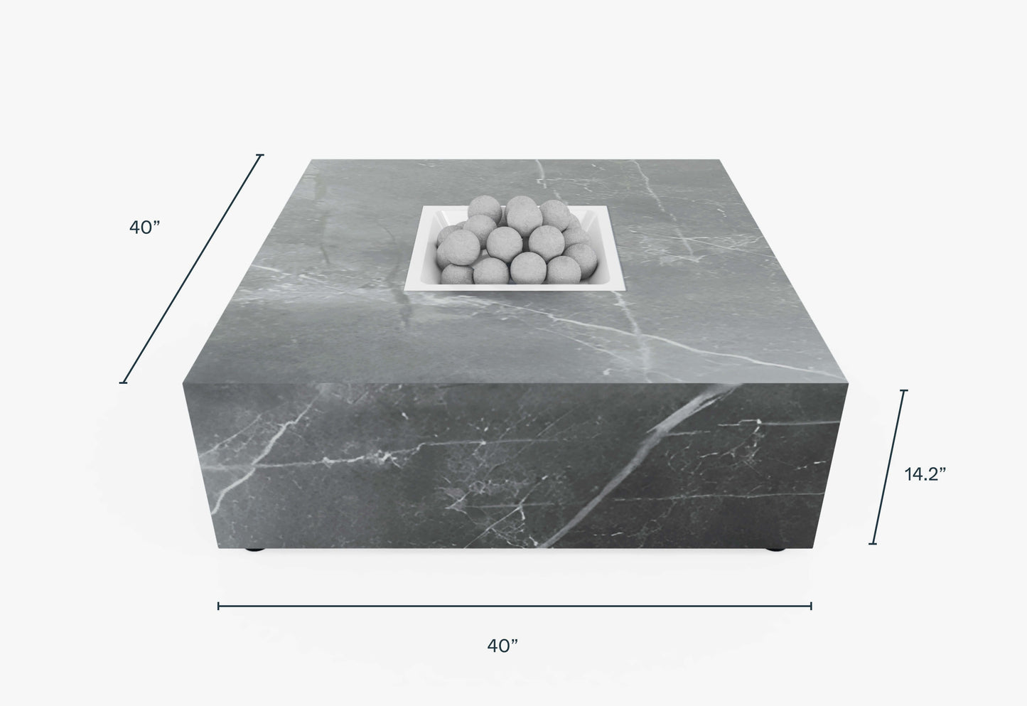 Dimension diagram of the square OuterStone fire pit table labeled in inches