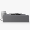 Rectangular gray concrete fire pit table with lit flame, shown beside a matching cylindrical propane tank cover