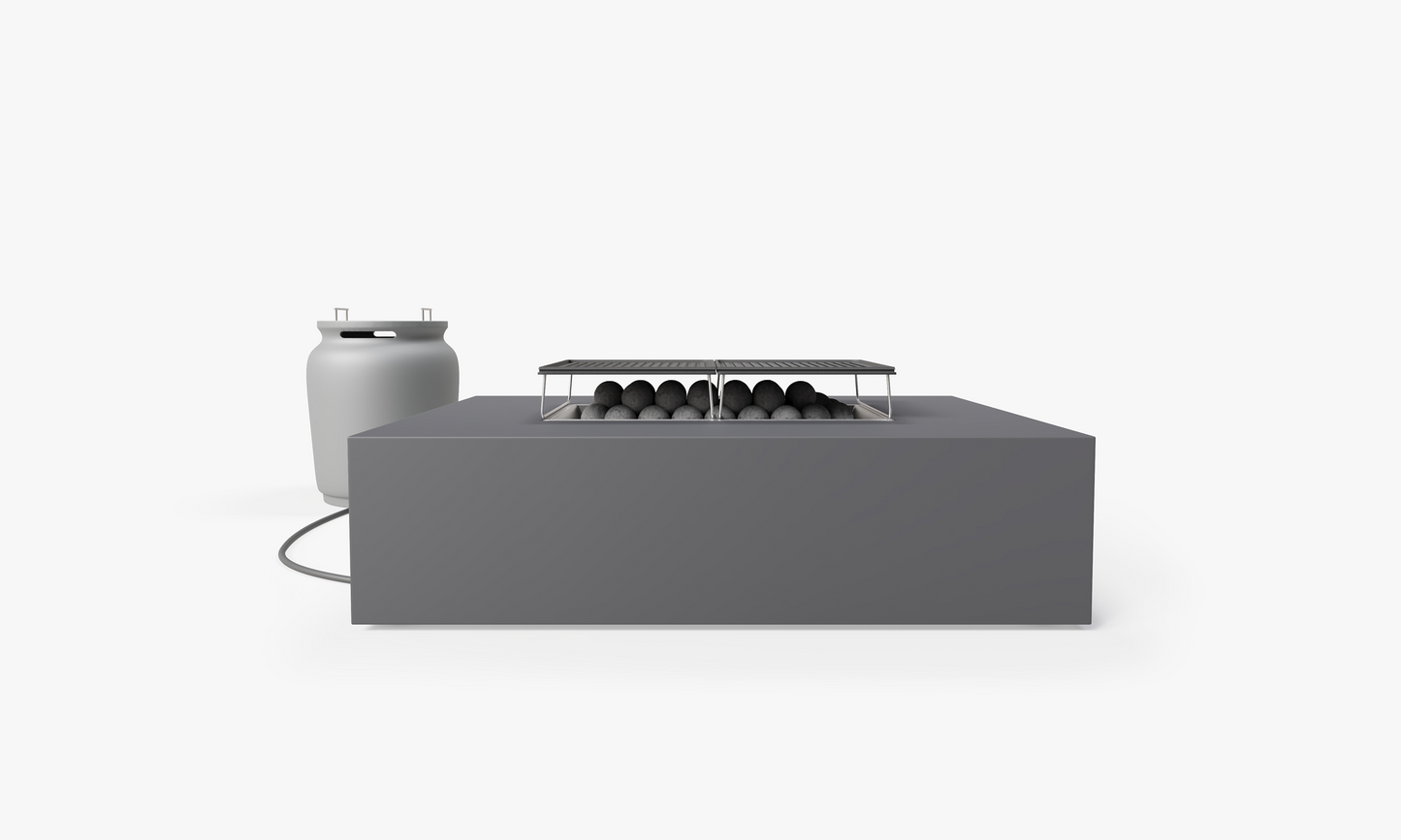 Rectangular gray concrete fire pit table with lit flame, shown beside a matching cylindrical propane tank cover