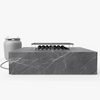 Rectangular OuterStone fire pit table in gray marbled stone with lit flame, shown with matching propane tank cover