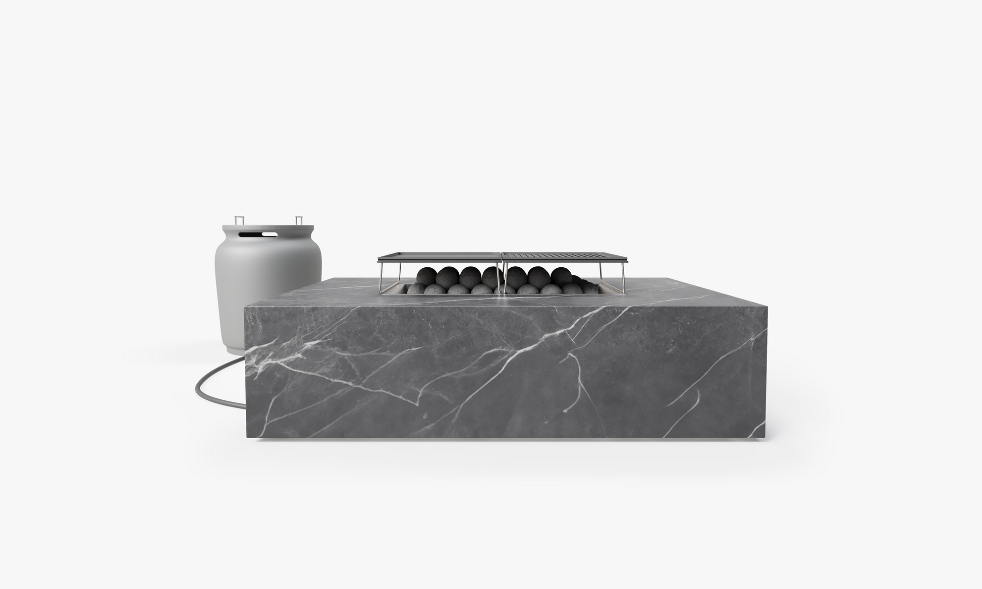 Rectangular OuterStone fire pit table in gray marbled stone with lit flame, shown with matching propane tank cover