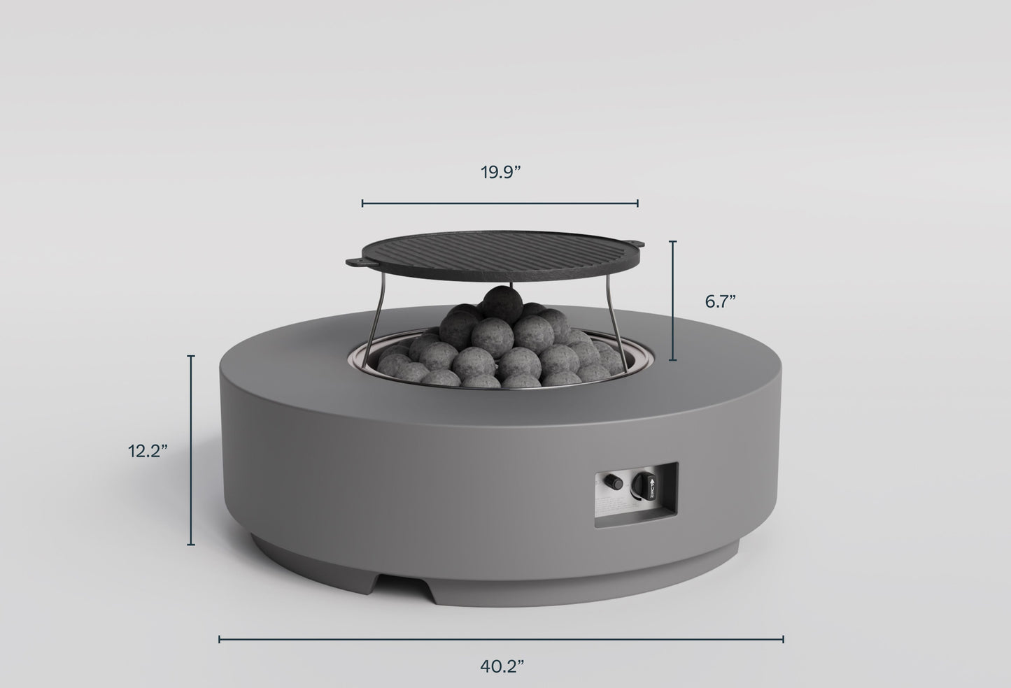 Dimension diagram of the round concrete fire pit table labeled in inches