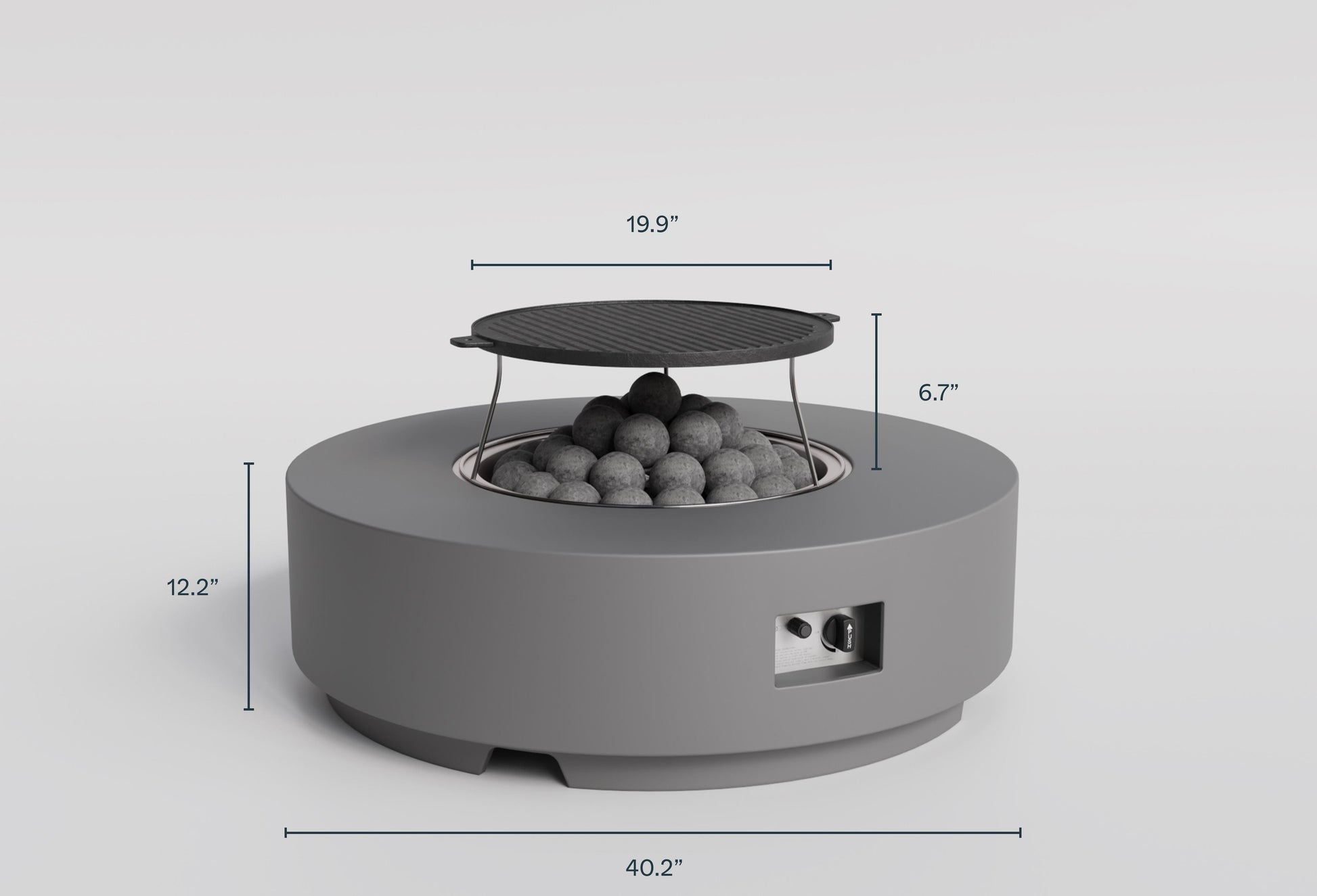 Dimension diagram of the round concrete fire pit table labeled in inches