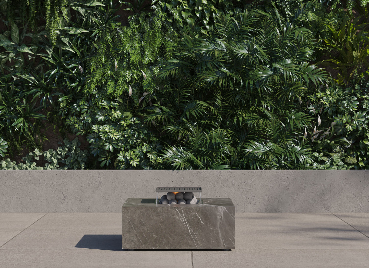 Square OuterStone fire pit table with cooking set on a patio at dusk