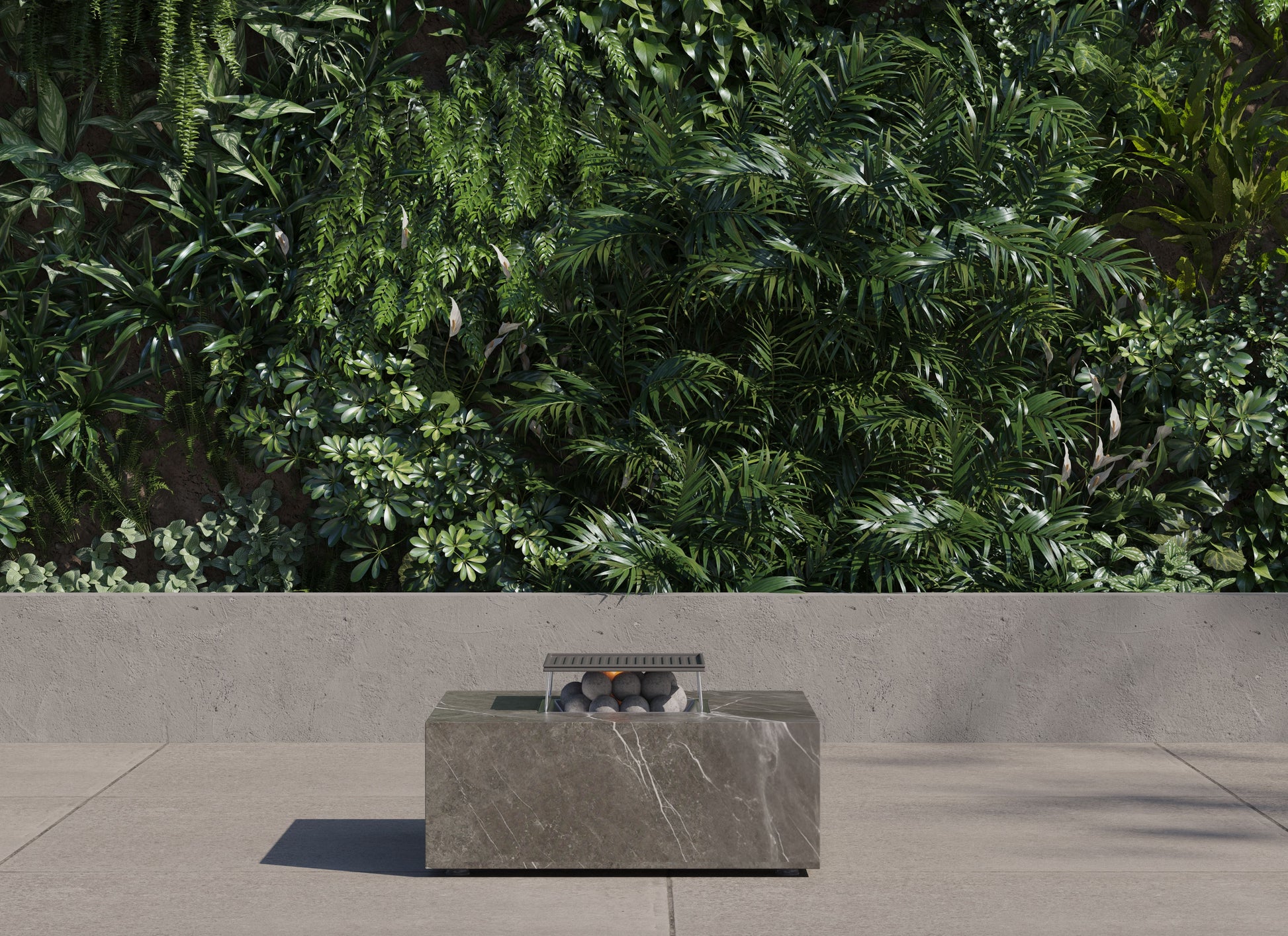 Square OuterStone fire pit table with cooking set on a patio at dusk