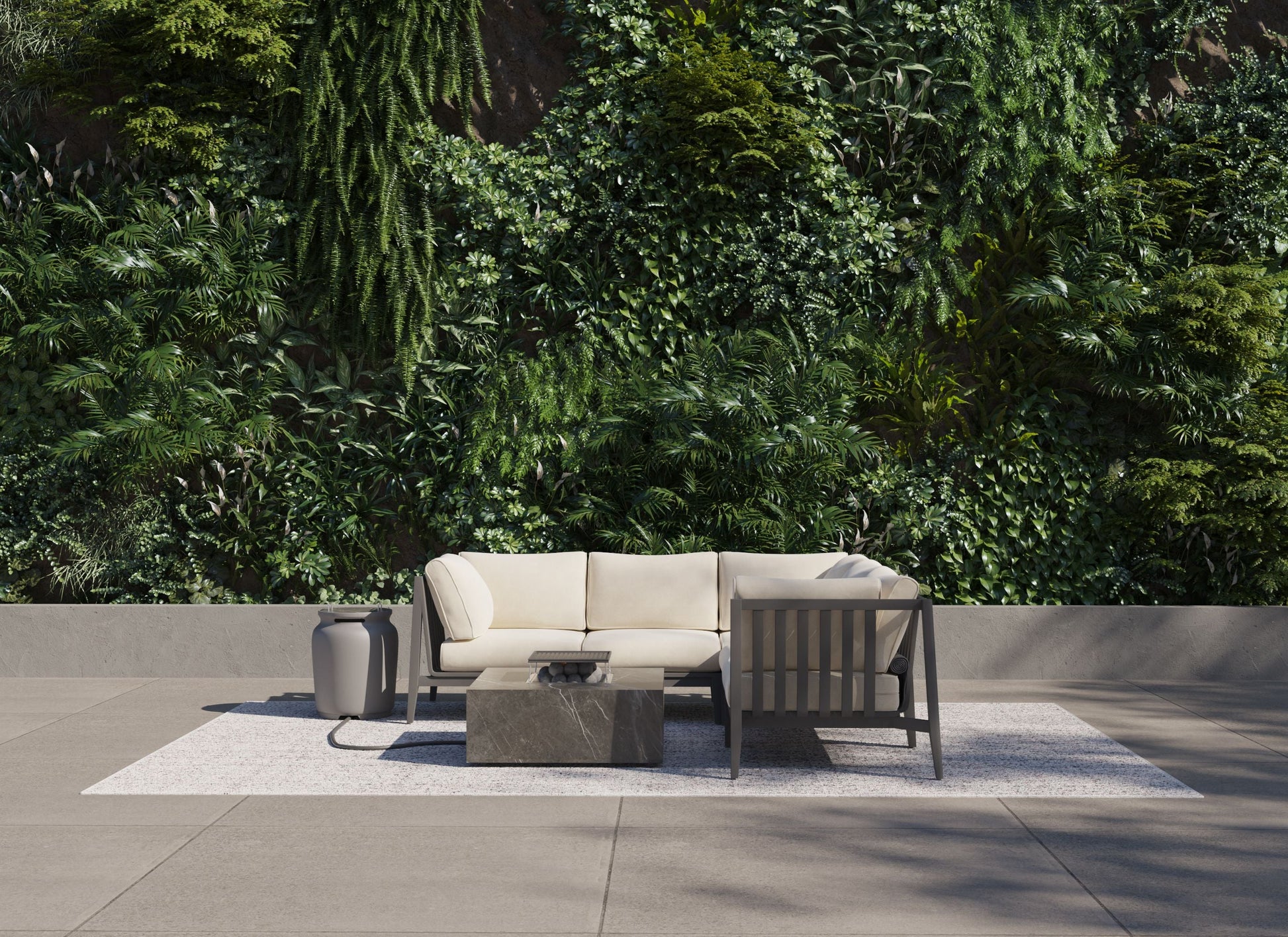 Square OuterStone fire pit lit at dusk with the propane tank cover used as a side table