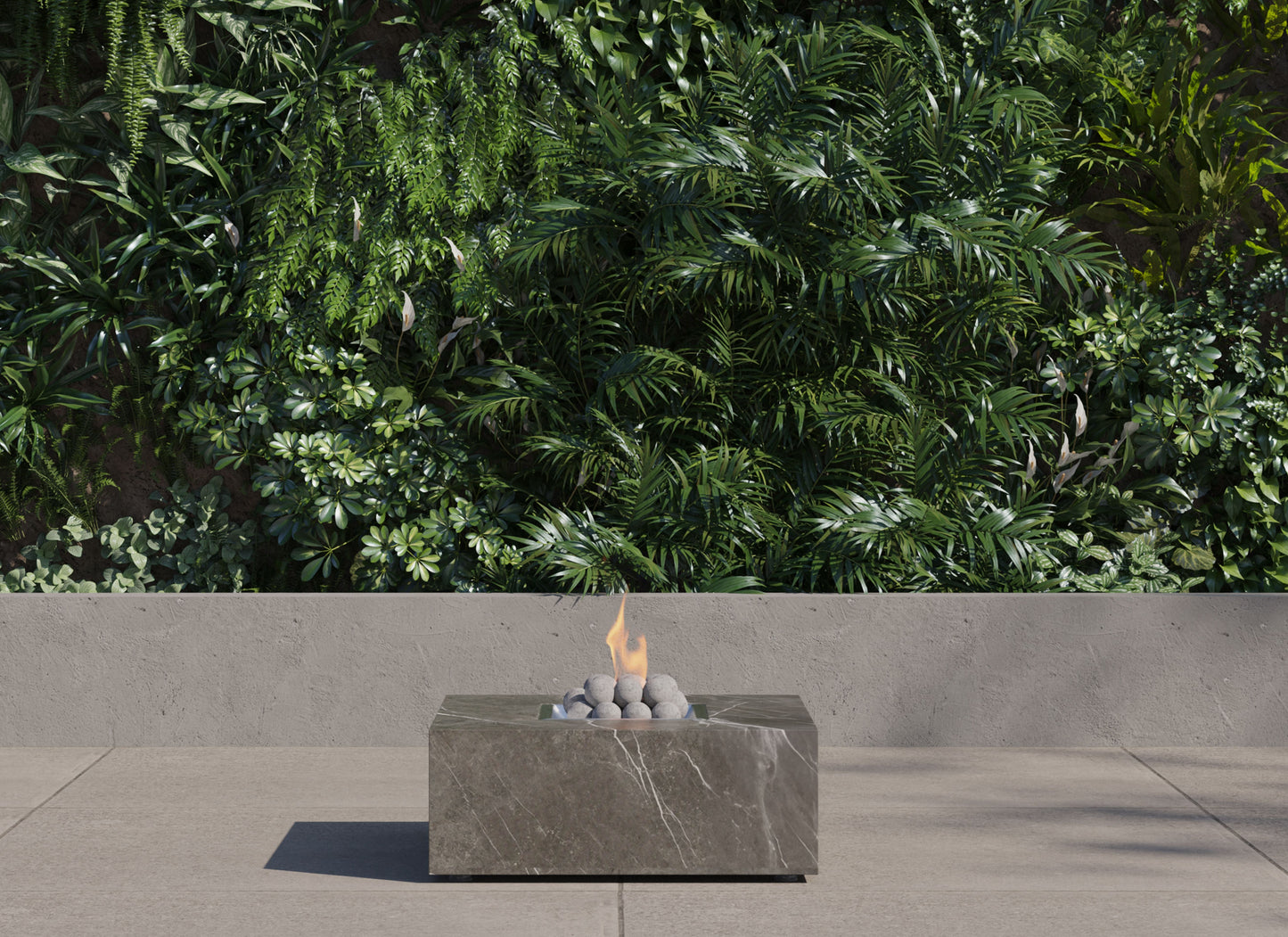 Square OuterStone fire pit table lit on a patio at dusk