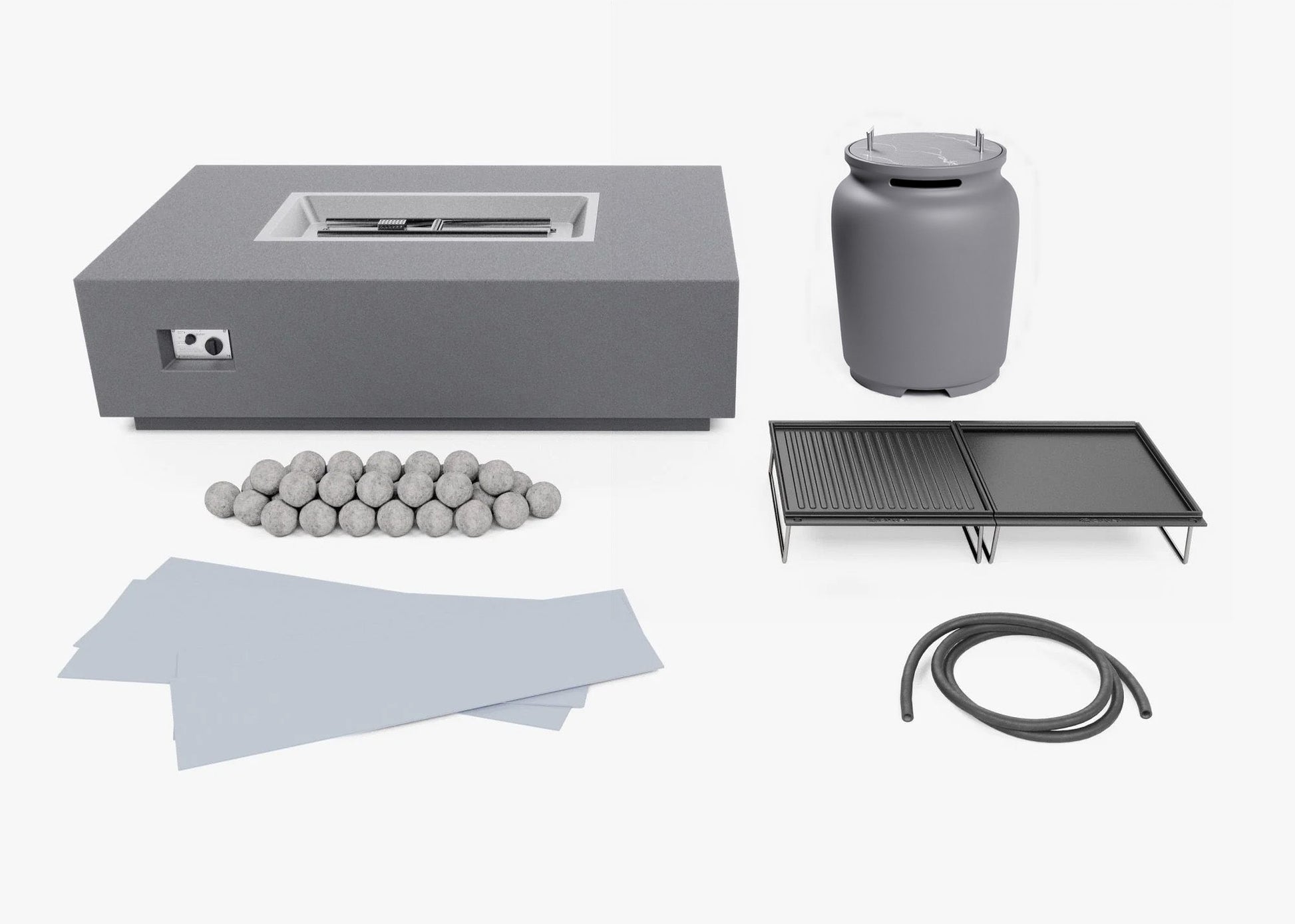Components of the fire pit table set laid out: propane tank cover and hose, cast iron cooking surface, splatter guard and ceramic fire media