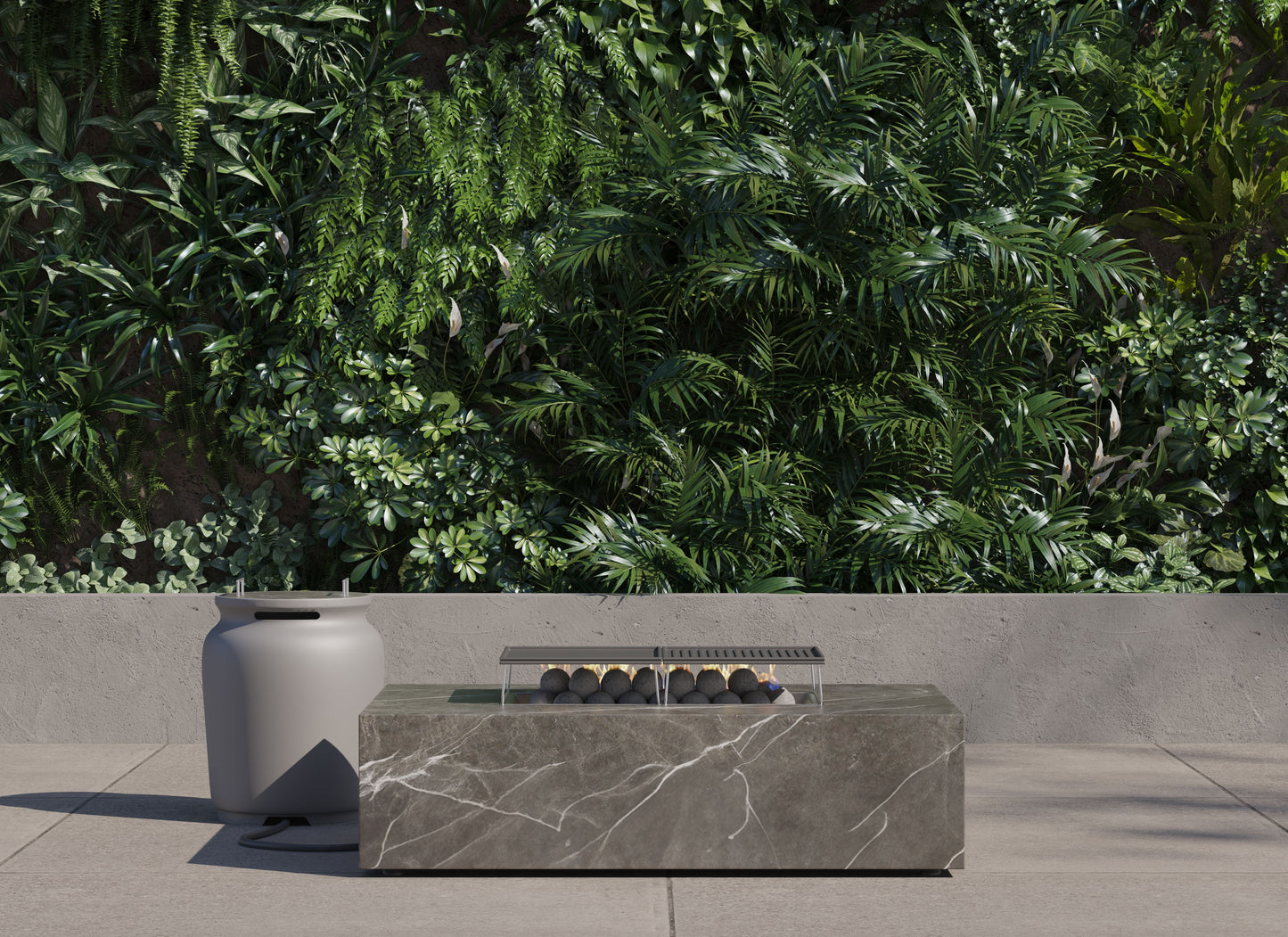 OuterStone rectangular fire pit on a patio beside its stone-topped propane tank cover