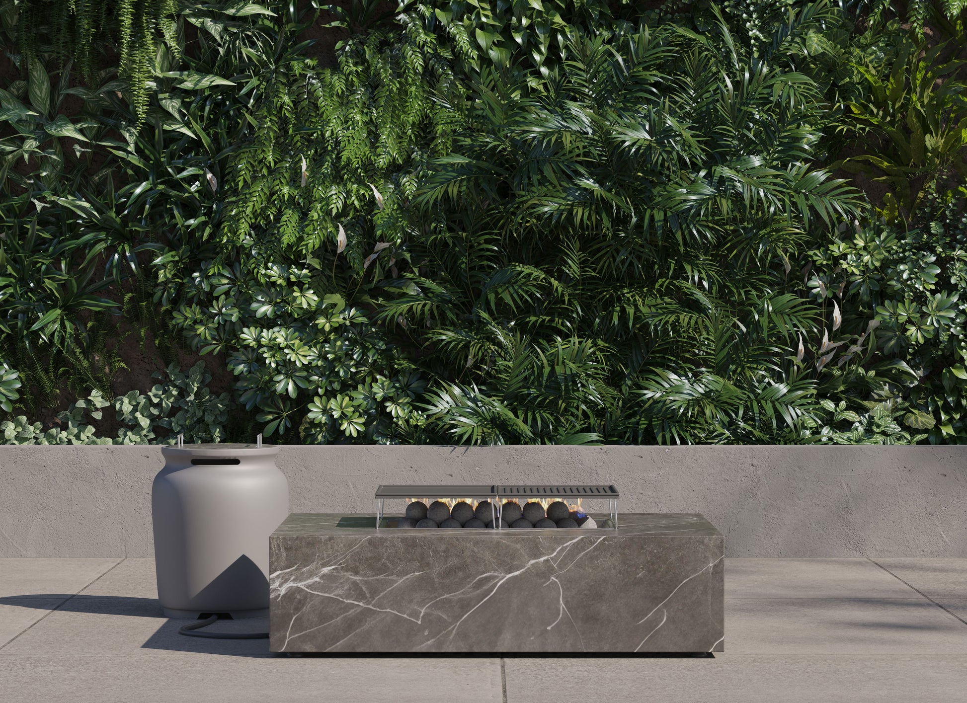 OuterStone rectangular fire pit on a patio beside its stone-topped propane tank cover
