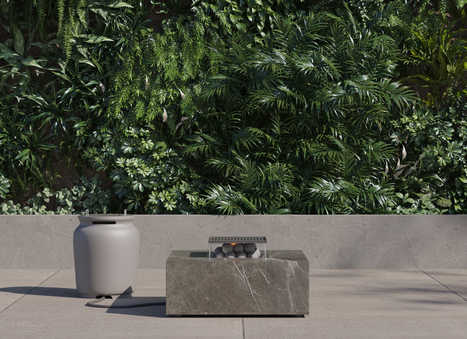 Square OuterStone fire pit table on a patio beside its stone-topped propane tank cover